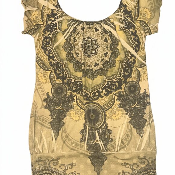 Vintage 90s/Y2K Woman Rue 21 Green Paisley/Henna Off Shoulder Top - Picture 3 of 4